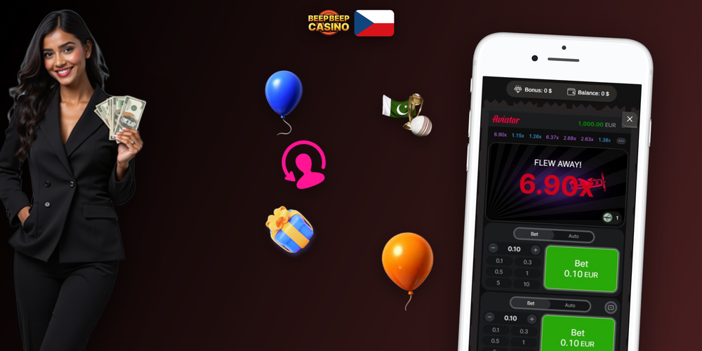 Celá obrazovka Aviator v Beep Beep Casino s dual bet panely a historií multiplikátorů