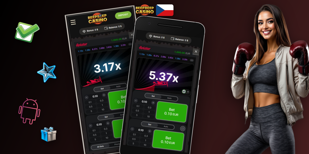 Křivka multiplikátoru Aviatoru s ikonou štítu zodpovědné hry v Beep Beep Casino