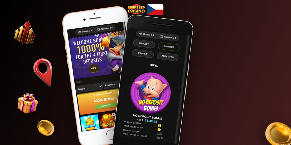 Beep Beep Casino zatočení zdarma a cashback – široký banner se zlatofialovými bonusovými symboly