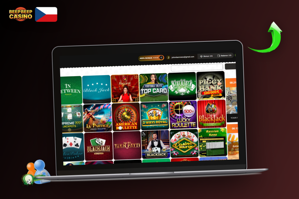 Hráč u notebooku v bezpečném prostředí Beep Beep Casino s neonovým pozadím