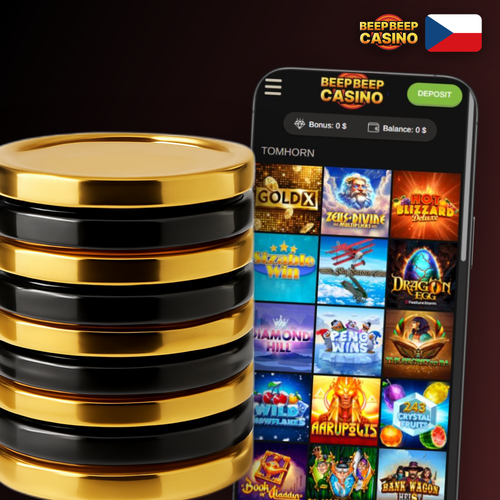 Beep Beep Casino aplikace na mobilním telefonu s herní lobby a logem značky