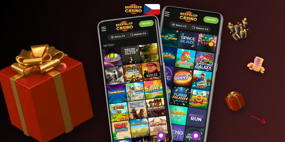 Ruka drží smartphone s otevřenou lobby Beep Beep Casino aplikace ke stažení