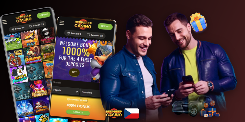 Tři obrazovky Beep Beep Casino mobilní aplikace — sloty, živé kasino a sportovní sázky