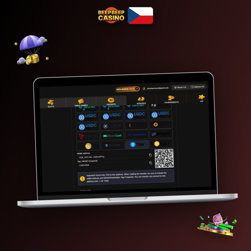 Beep Beep Casino vklad – pokladna s ikonami Visa, Mastercard, Skrill a kryptoměn
